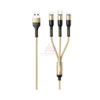 REMAX CABLE CHARGING 3IN1 SPEED RC-186TH GOLD – Kabel Charger Fast Charging 3.1A Type-C Lightning Micro USB Braided 1.2M Tahan Lama